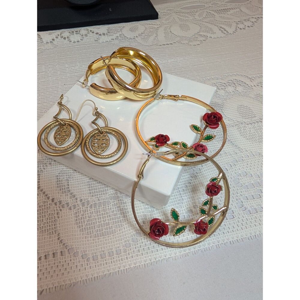 3 Pair Gold Earring Lot - Romantic Enamel Roses Chunky Hoops Geometric Drops